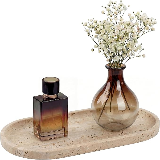 YKAJO 100% Natural Travertine Stone Tray, Unsealed Beige Marble Vanity Tray for Bathroom & Perfume, Raw Honed Finish Organizer for Jewelry, Candle & Coffee Table Decor, 11.6" L (Wabi-Sabi Aesthetic)