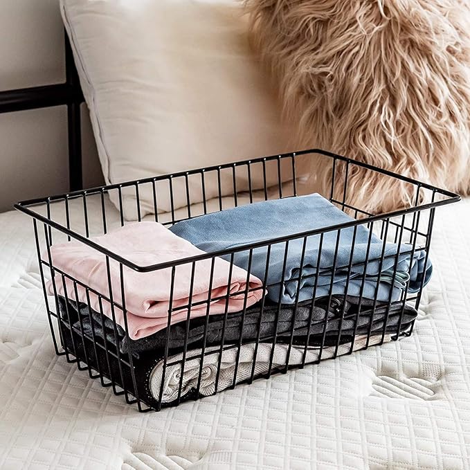 Slideep Farmhouse Metal Wire Basket, Fridge Freezer Storage Organizer Bins with Handles for Kitchen Cabinets, Pantry, Closets, Bedrooms, Bathrooms, Black 3 Pack