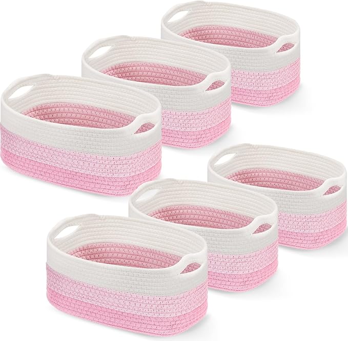 Sawysine 6 Pcs Cotton Rope Woven Basket for Storage Baskets for Organizing Storage Baskets Rope Basket with Handles for Cloth Blanket Toys Living Room Bathroom Laundry (Pink and White)