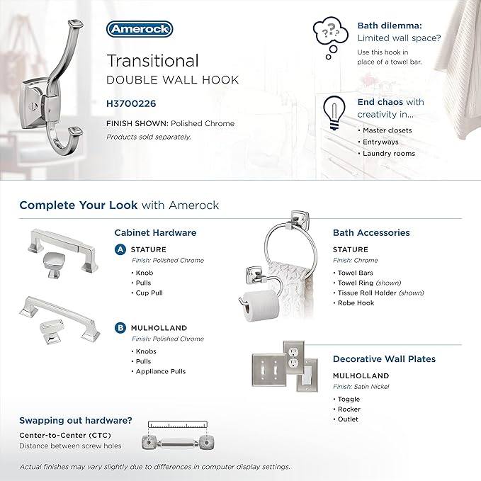 Amerock H3700226 | Kinsale Double Prong Decorative Wall Hook | Polished Chrome Hook for Coats, Hats, Backpacks, Bags | Hooks for Bathroom, Bedroom, Closet, Entryway, Laundry Room, Office