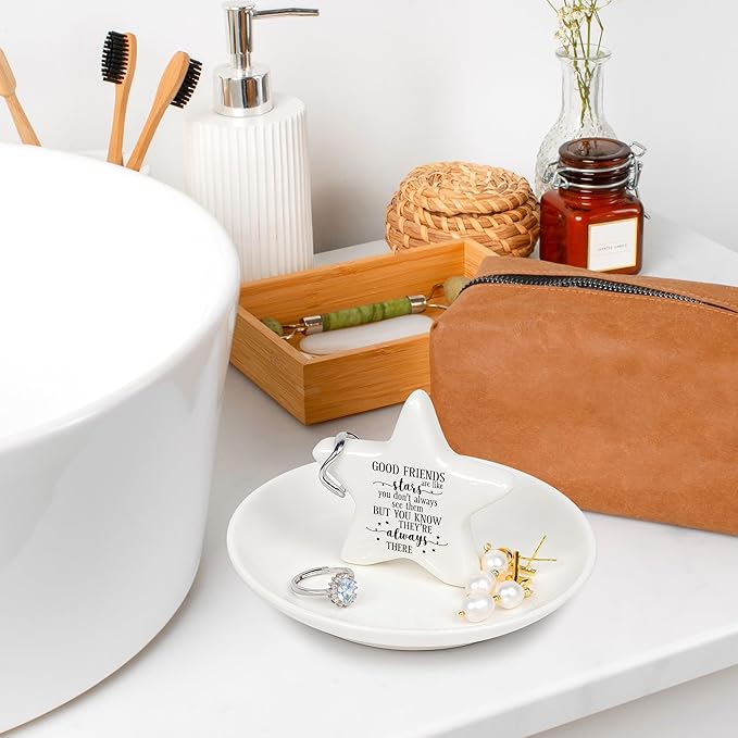 PUDDING CABIN Best Friend Gift - Good Friends are Like Stars Ceramic Jewelry Dish, Star-Shaped Ring Holder for Vanity, Friendship Gift for Women, BFF, Sister