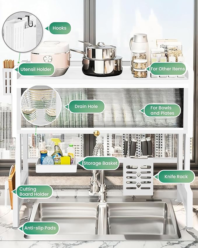 ASIEIT Dish Drying Rack, 3-Tier Over Sink Dish Drying Rack, 33.5" Sink Dish Rack for Small Kitchen, Space-Saving Sink Dish Rack with Cover, Baskets, Utensil, Large Kitchen Storage Organizer White