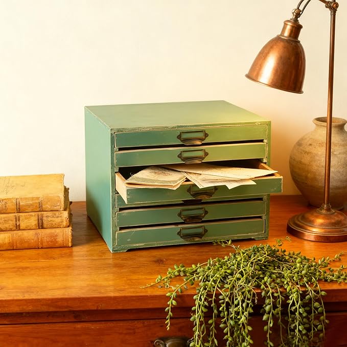 Vintage Wooden Storage Box Desktop Organizer Cabinet with 6 Drawers Rustic Farmhouse Distressed Decor Jewelry Cosmetics Craft Paper Small Tool Library Card Catalog Cabinet for Home Office Desk Green
