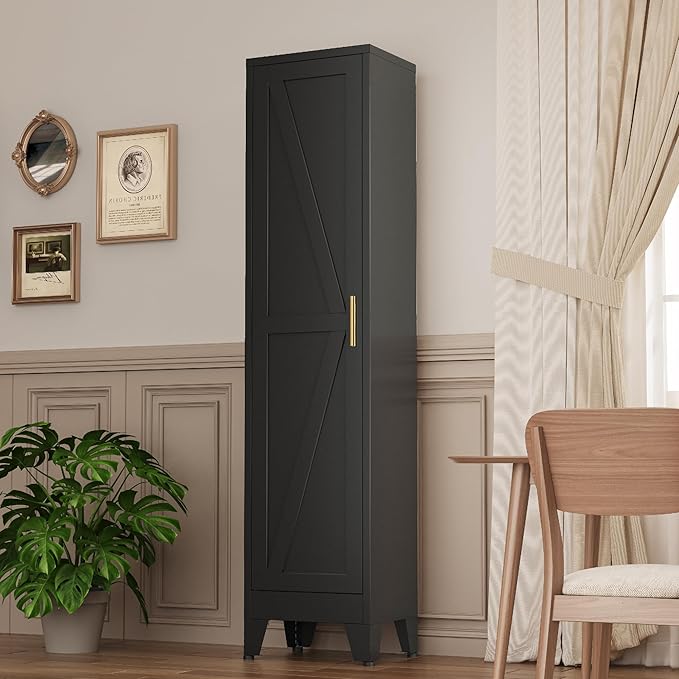 White Narrow Metal Storage Cabinet, Tall Freestanding Cabinet with 4 Adjustable Shelves & Barn Doors, Pantry Organizer for Bathroom Kitchen Home Office Dining Room（1PC,Black）