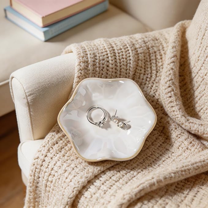 White Lotus Leaf Shape Ring Jewelry Dish Holder,Small Trinket Jewelry Tray,Decorative Jewelry Plate Bowl,Key Bowl,Birthday Engegament Gifts for Women Friends,Ceramic
