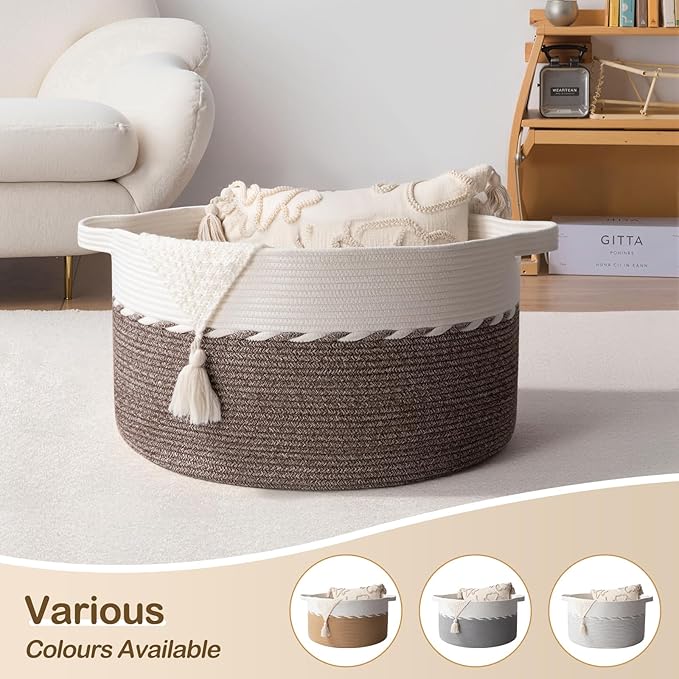 OIAHOMY 90L Blanket Basket for Living Room, Large Basket 23" x 23" x 13" with Handle, Laundry Hamper for Blankets, Pillows, Toy Storage for Kids, Dogs - Yellow & White