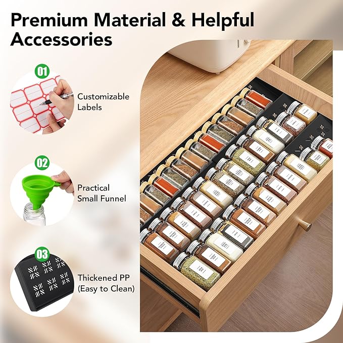 Spice Rack, Expandable Spice Drawer Organizer (11"-22"), Sturdy & Vented Plastic Seasoning Storage with Labels & Funnel, Drawer Organization for Kitchen, Office, Cosmetic (Jars Not Included)