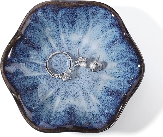 Blue Lotus Leaf Shape Ring Jewelry Dish Holder,Small Trinket Jewelry Tray,Decorative Jewelry Plate Bowl,Key Bowl,Birthday Engegament Gifts for Women Friends,Ceramic