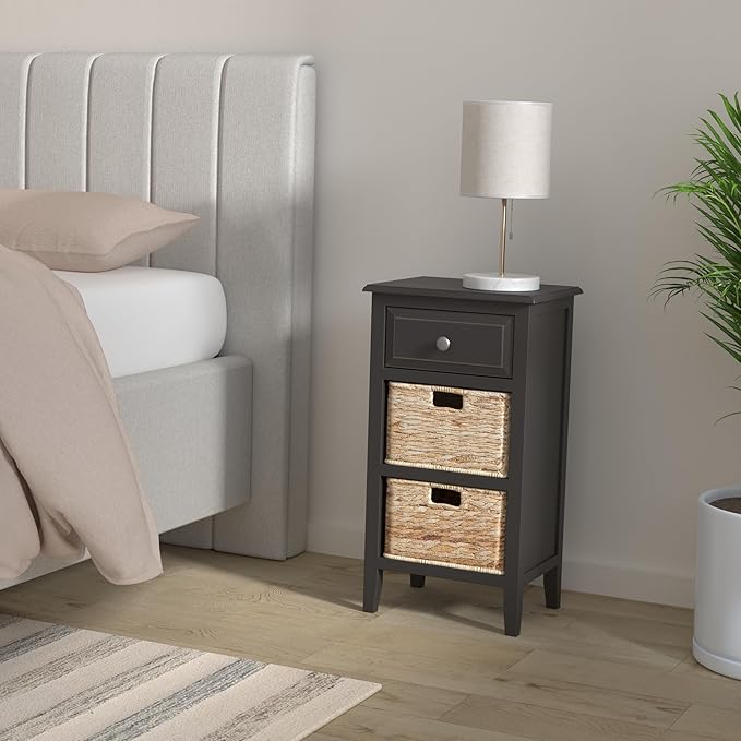 SAFAVIEH Home Collection â Everly Distressed Black 3-Drawer Side Table with Woven Basket Storage, Fully Assembled Farmhouse Accent Table (AMH5743A)
