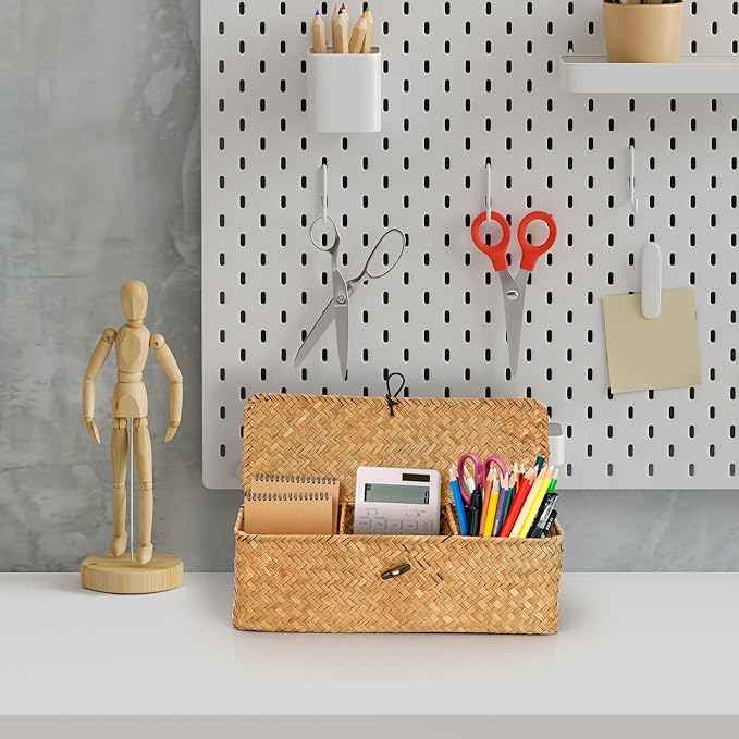 3 Compartment Storage Woven Basket with Lid, Rectangular Wicker Baskets Organizer for Bathroom Counter, Seagrass Woven Storage Baskets for Toilet Paper (12.6x4.7x4.3 inch)
