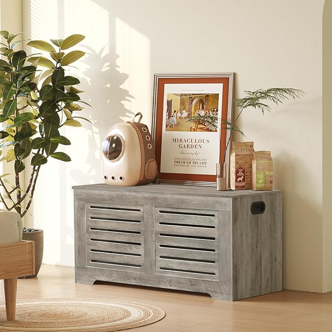 DINZI LVJ Storage Chest, 39.4âWooden Toy Box with 2 Safety Hinges, Retro Entryway Shoe Storage Bench with Flip-Top, Sturdy Large Storage Trunk for Living Room, Bedroom, Easy Assembly, Gray Wash