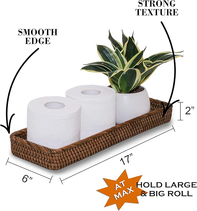 Rattan Toilet Tank Basket Guest Towel Holder for Serving Organizing Bread Shelves 17'' x 6'' x 2'' Bathroom Counter and Storage Decorative Wicker Tray (17 x 6 x 2 inches, Dark Brown)