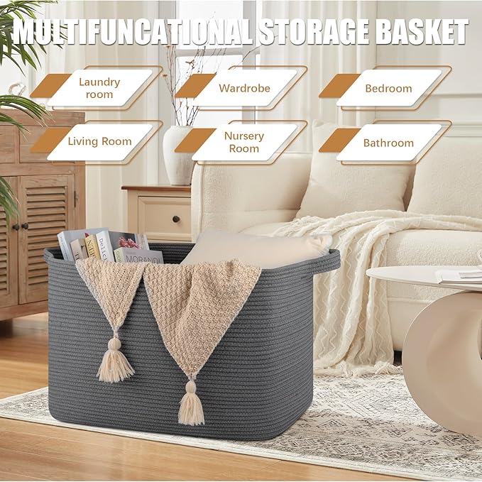 118L Extra Large Blanket Basket, 24.8"x17.7"x16.2" Woven Rope Baskets for Storage, Nursery Blanket Storage for Living Room, Toy Basket with Handle Organizing Comforter Cushions Pillows, Grey