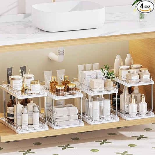 Delamu 2-Tier Bathroom Under Sink Organizers and Storage, Pull Out Cabinet Drawers with Anti-Slip Design & Two Sizes, Multi-Purpose Storage for Kitchen, Pantry, Bathroom & Home Organization, 4 Pack