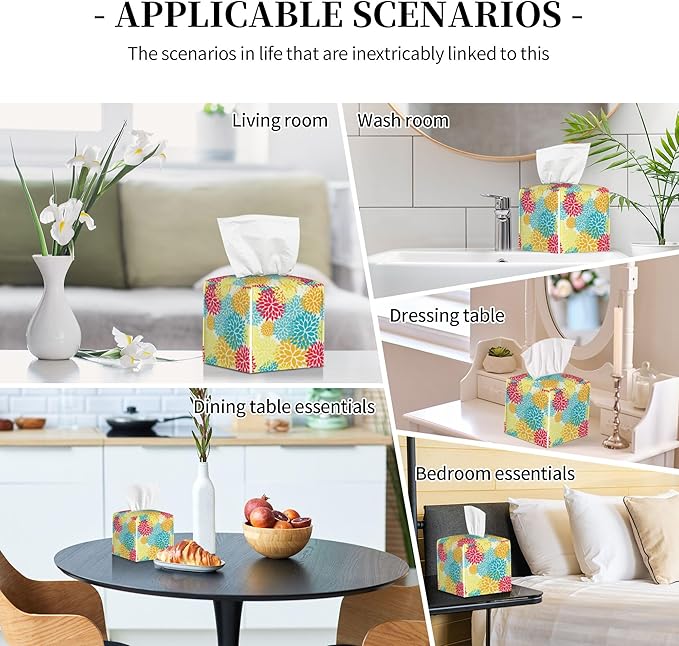 Chrysanthemum Flower Tissue Box Cover Leather Tissue Box Holder Square Facial Paper Organizer Dispenser for Bathroom Kitchen Bedroom Vanity Countertop Night Stands