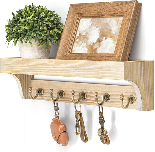Rebee Vision Farmhouse Pine Wood Key Holder Wall Mount for Room Decor - Rustic Key Holder for Wall with Shelf for Small Plant and Cute Things - Ideal Entryway Organizer in House (Natural Wood)
