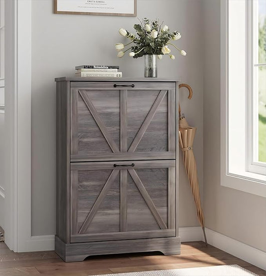 Shoe Cabinet, Shoe Storage Cabinet for Entryway with 2 Flip Drawers, Narrow Farmhouse Shoe Organizer Cabinet, Slim Shoe Rack Cabinet, Gery