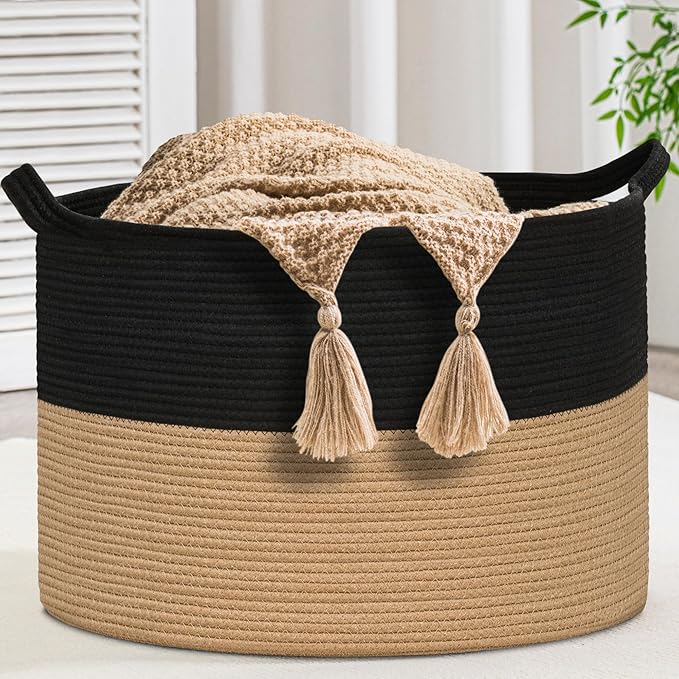 XXXLarge Woven Cotton Rope Basket (21.7" x 13.8") – Blanket Basket for Living Room, Laundry Hamper, Baby Laundry Hamper, Toy Storage, Pillows & Cushions Organizer (Black&Brown)