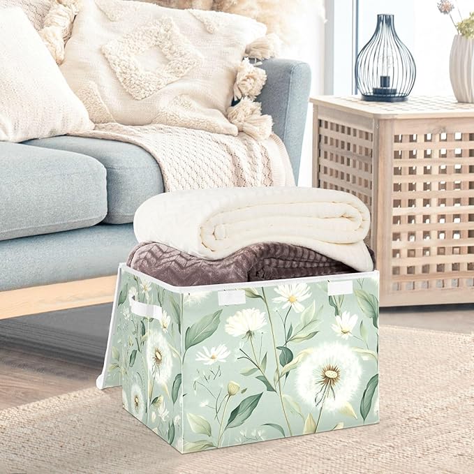 Collapsible Storage Bins with Lids Decorative Fabric Storage Cubes Closet Organizer Basket Boxes Containers for Clothes Box Chest Folding Rectangle Spring Sage Green Dandelions Daisy Flower
