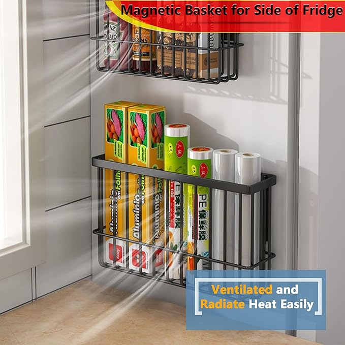 Magnetic Basket Kitchen Refrigerator Organizer Foil and Plastic Wrap Organizer for Fridge Heavy Duty Metal Storage (10.25" L x 3.2" W x 6" H, Black)