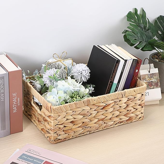 Hipiwe Water Hyacinth Wicker Storage Basket Opened Baskets Bin, Rectangular Shelf Basket Box for Organizing, Hand-Woven Closet Bedroom Organizer Bin Decorative Baskets with Handles, 13.8”x9.3"