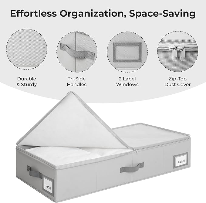 Cupic Cupid Under Bed Storage Containers, Foldable Organizer with Lid for Bedroom, Underbed Storage Box for Blankets, Clothes, Shoes, 2 Pack, Grey
