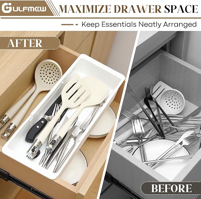 2 Pack Deep Drawer Organizer Bins, Sliding Drawer Organizer Bin Expandable and Adjustable Tray for Kitchen Utensils, BBQ Tools, Towels, Durable Plastic Sliding for Easy Storage(17.4-27.6")