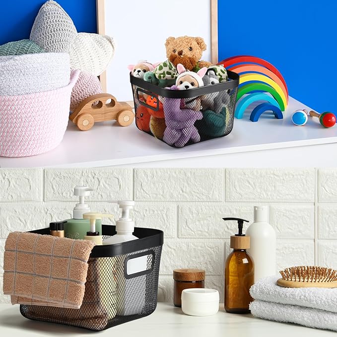 6 Pack Metal Mesh Basket with Hollow Handles Black Wire Storage Bin for Organizing Stackable Metal Fine Mesh Basket for Pantry Bathroom Kitchen Cabinets Shelves (Medium)