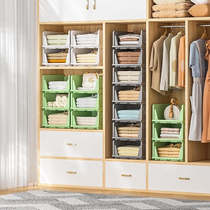 Stackable Plastic Storage Drawers for Closet Organizers and Storage, Open Storage Bins Closet Shelf Clothes Organizer for Closet Wardrobe (5, Grey)