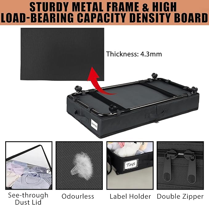 2 Pack Under Bed Storage Rolling Metal Frame Underbed Containers with Wheels Lid Visiable Window Storage Bag Box Organizer Home Closet Organization Drawer Bins for Clothes Shoes Toys Blanketss Black