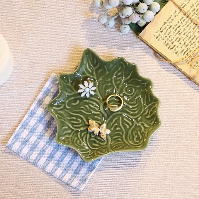 Jewelry Dish Trinket Tray for Women, Ring Dish Holder, Unique Leaf Shape Ceramic Plate Cute Things Vanity Aesthetic Room Decor Mother's Day Birthday Christmas Warm House Gifts (Green)