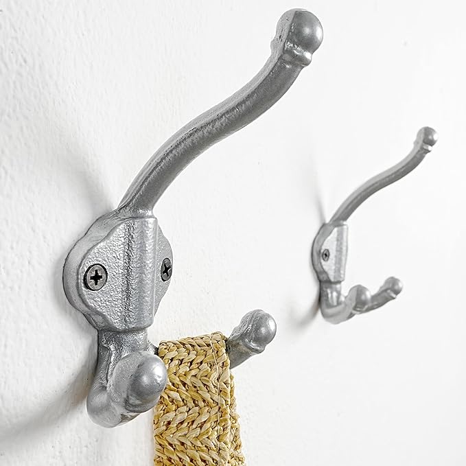 Dseap Cast Iron Wall Hooks L=5”, Heavy Duty Coat Hooks, Rustic Vintage Farmhouse Hook for Hanging Winter Coats Jackets Towels Hats Bags Plants, Silver, Pack of 10 (GripBold)