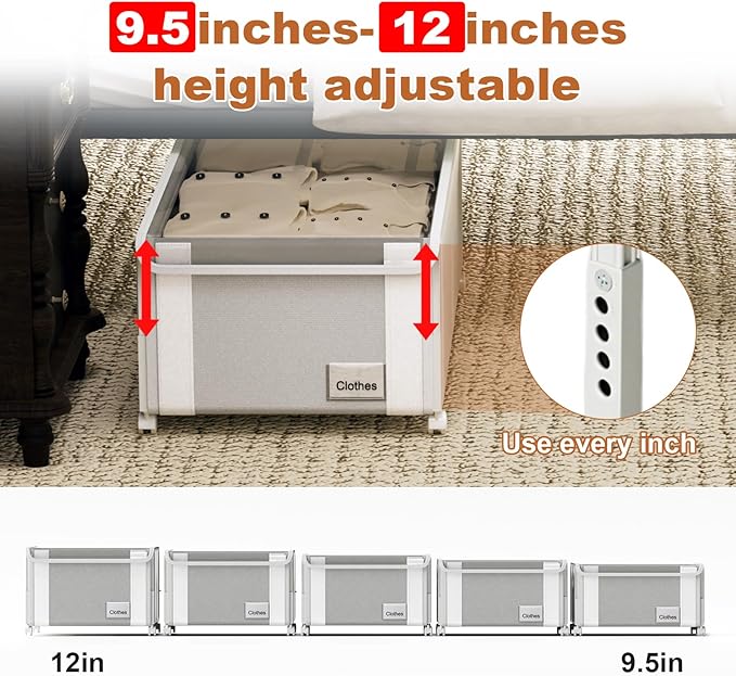 2Pack Under Bed Storage with Wheels,9.5"-12"Tall Adjustable Height Underbed Storage,Deep Under Bed Storage Containers,Rolling Under Bed Clothes Storage,Metal Under Bed Drawers for Shoes,Blankets,Toys
