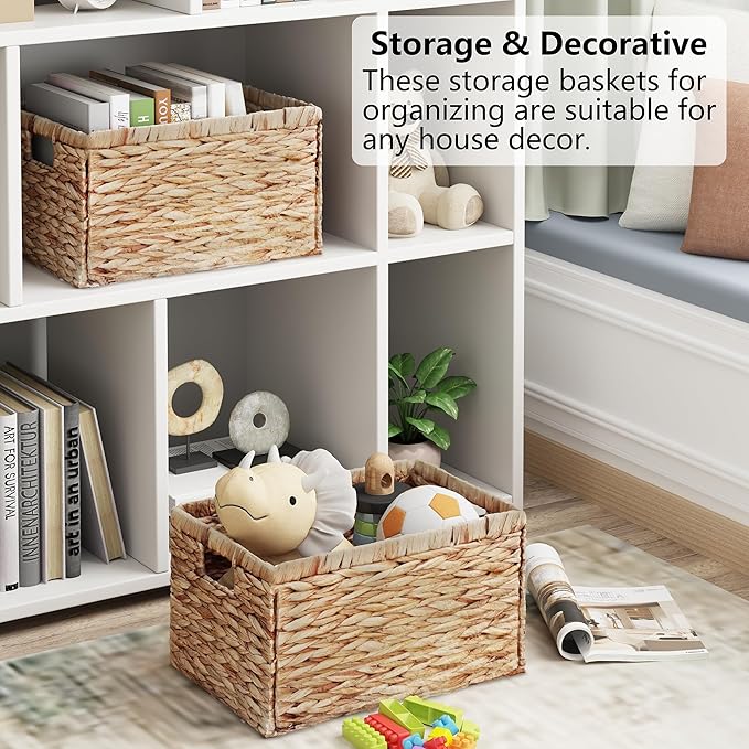 Vagusicc Wicker Storage Basket, Set of 2 Hand-Woven Water Hyacinth Storage Baskets for Organizing, 17 inch Large Wicker Basket for Shelves, Foldable Cube Organizer Bins for Bathroom