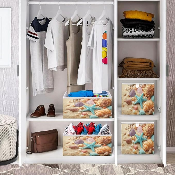 Blueangle Shells on Summer Beach Cube Storage Bin, 11 x 11 x 11 in, Large Collapsible Organizer Storage Basket for Home Décor