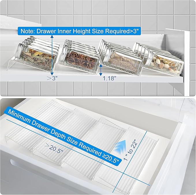 Spice Drawer Organizer, 8 Pcs Clear Acrylic Drawer Seasoning Organizer, Expandable From 11'' to 22'' Kitchen Spice Rack for Drawer, Ideal for Kitchen Spice Organization (Jars not included)