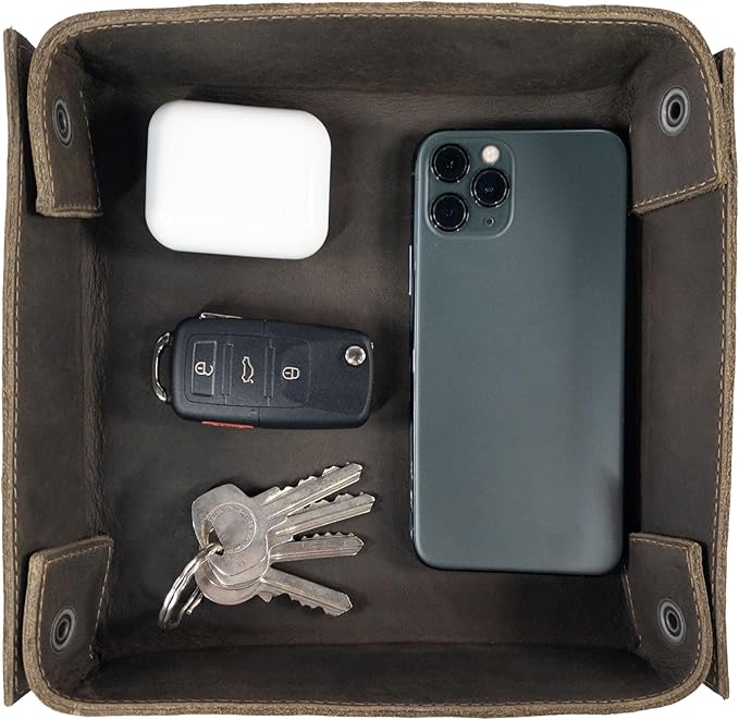 Hide & Drink, Leather Catchall Change Keys Coins Jewels Box Tray Big Storage, Handmade Includes 101 Year Warranty :: Dark Jade
