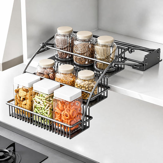 3-Tier Pull Down Spice Rack Organizer Expandable Pull-Out for Upper Cabinet Space-Saving for Inside Cabinet Expandable Display Riser Shelf Seasoning Shelf