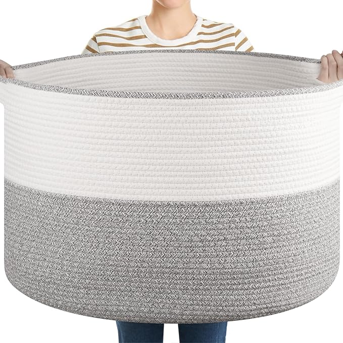 XXL Large Blanket Basket with Handles, 105L Woven Storage Basket for Living Room, Cotton Rope Baby Toy Storage for Clothes, Pillows, Towels-Grey & White