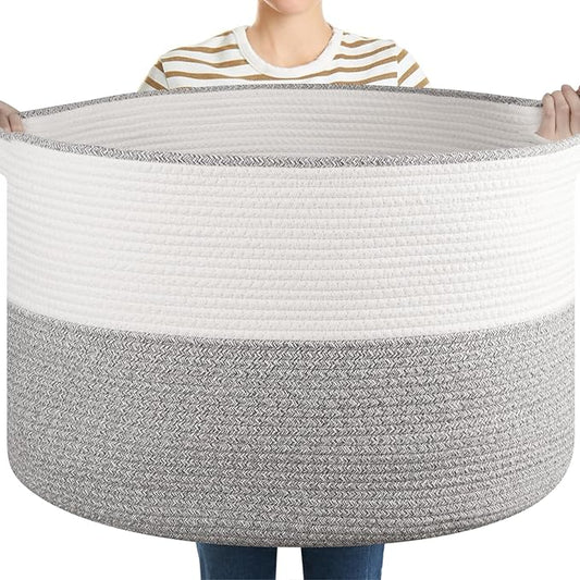 XXL Large Blanket Basket with Handles, 105L Woven Storage Basket for Living Room, Cotton Rope Baby Toy Storage for Clothes, Pillows, Towels-Grey & White