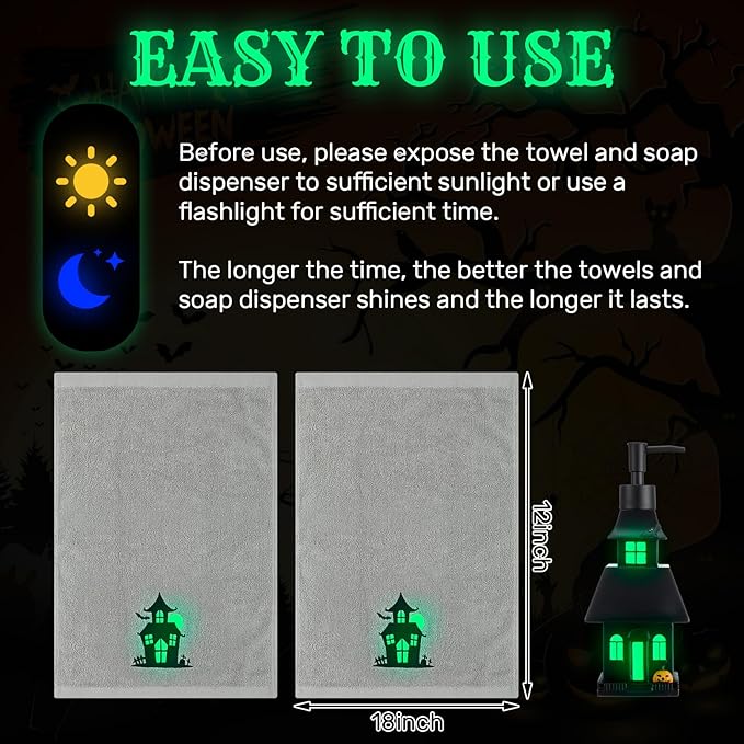 4 Pcs Halloween Soap Dispenser Bathroom Decoration Glowing Castle Soap Dispenser Lotion Pump Halloween Hand Towels with Gift Box Set for Home Bath Kitchen Accessories