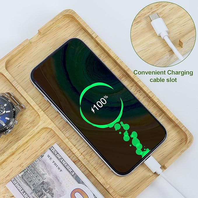 MultiBey Rubber Wood Valet Tray - Wooden Nightstand Organizer for Men Women, 4 Slot Desk Drawer Organizer Tray, EDC Catch All Tray with Cable Slot for Phone Watch Wallet Key Jewelry