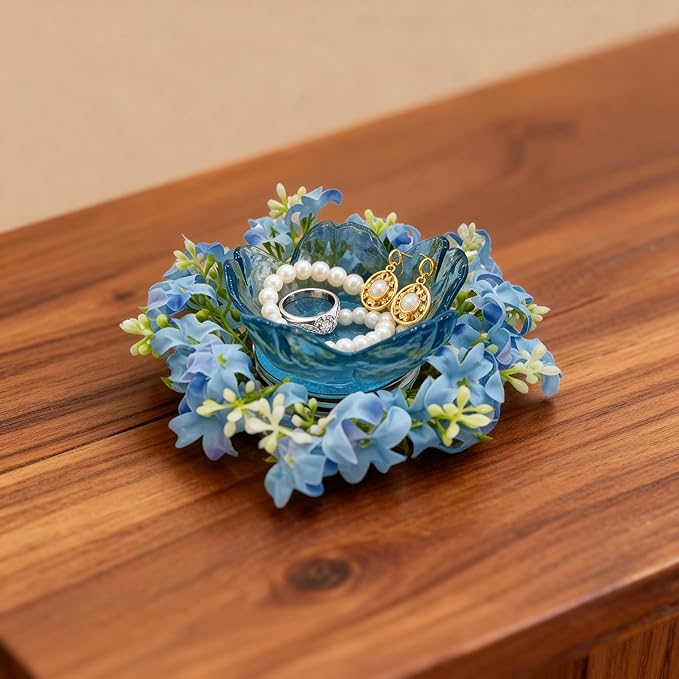 Mini Flower Ring Plate Jewelry Storage Tray Ring Holder for Dressing Table, Bedside Table, Room Bathroom Decoration, Cute Valentine's Day Christmas Birthday Gift for Women (blue flower)