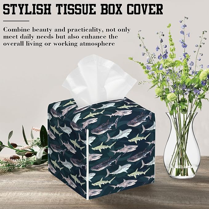 Tissue Box Holder Watercolor Shark Square Leather Tissue Box Cover Modern Cube Facial Paper Cover Case for Bathroom Vanity Countertop Night Stands Tabletop