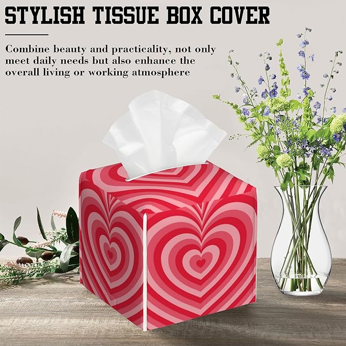 Tissue Box Cover Red Heart Leather Tissue Box Holder Cube Paper Case Cover Facial Paper Organizer Dispenser for Bathroom, Vanity Countertop, Office Desk