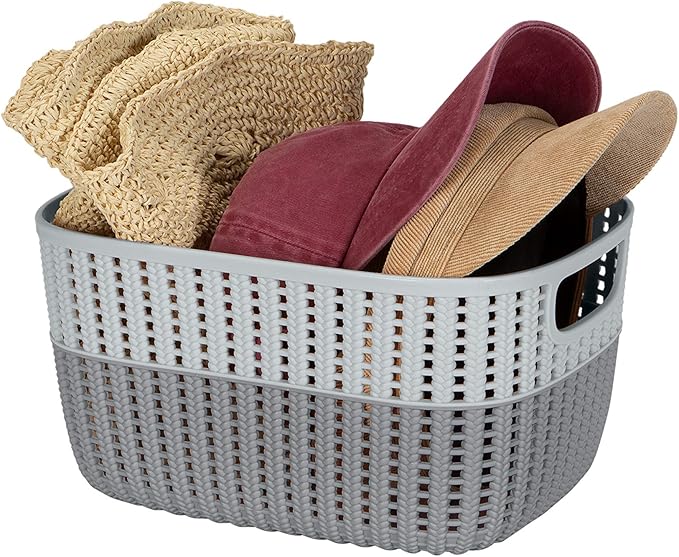 Simplify 4 Pack 2 Tone Sailor Knot Plastic Storage Tote | Decorative Basket | Closet Organization | De-clutter | Accessories | Toys | Bathroom Organization | Medium | Grey/Grey