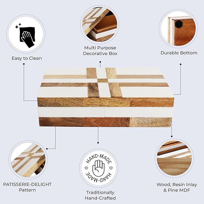 Handicrafts Home White Decorative Storage Box with Lid Wood Remote Control Box Coffee Table Storage Box Remote Holder for Living Room Decor â Resin Inlay Patisserie Delight Collection- 8x5x2