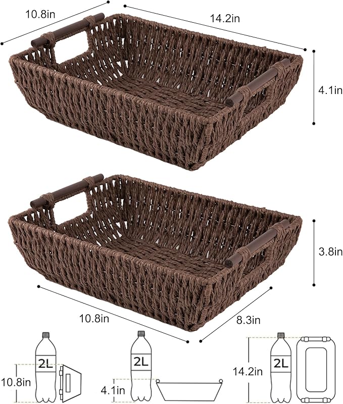 OIAHOMY Storage Baskets, Small Paper Rope Wicker Organizers with Wooden Handles, Baskets for Organizing, 2-Pack, Brown