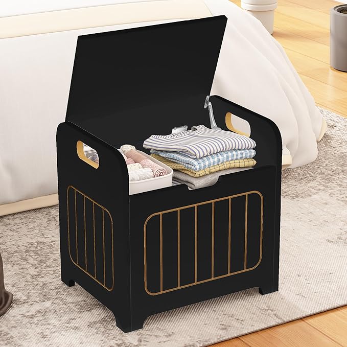 Black Wooden Storage Chest, Small Cube Storage Box Organizer with Handles, Wooden Storage Bin for Books and Clothes, Square Side Table for Entryway, Living Room or Bedroom