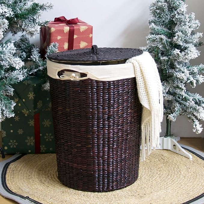 Hand-Woven Wicker Laundry Basket with Lid, 20 Gal (75 L) Large Laundry Hamper with Removable Liner for Laundry Room and Home Decor, Artisan Coffee (21"H x 15.7"D)